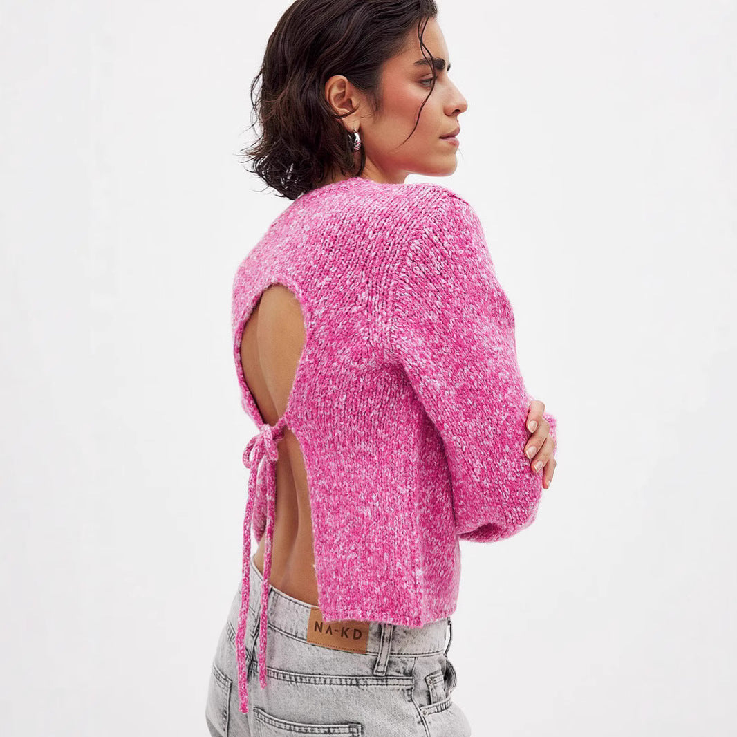 Damen Strickpullover mit offenem Rückendesign und eleganter Schnürung EB