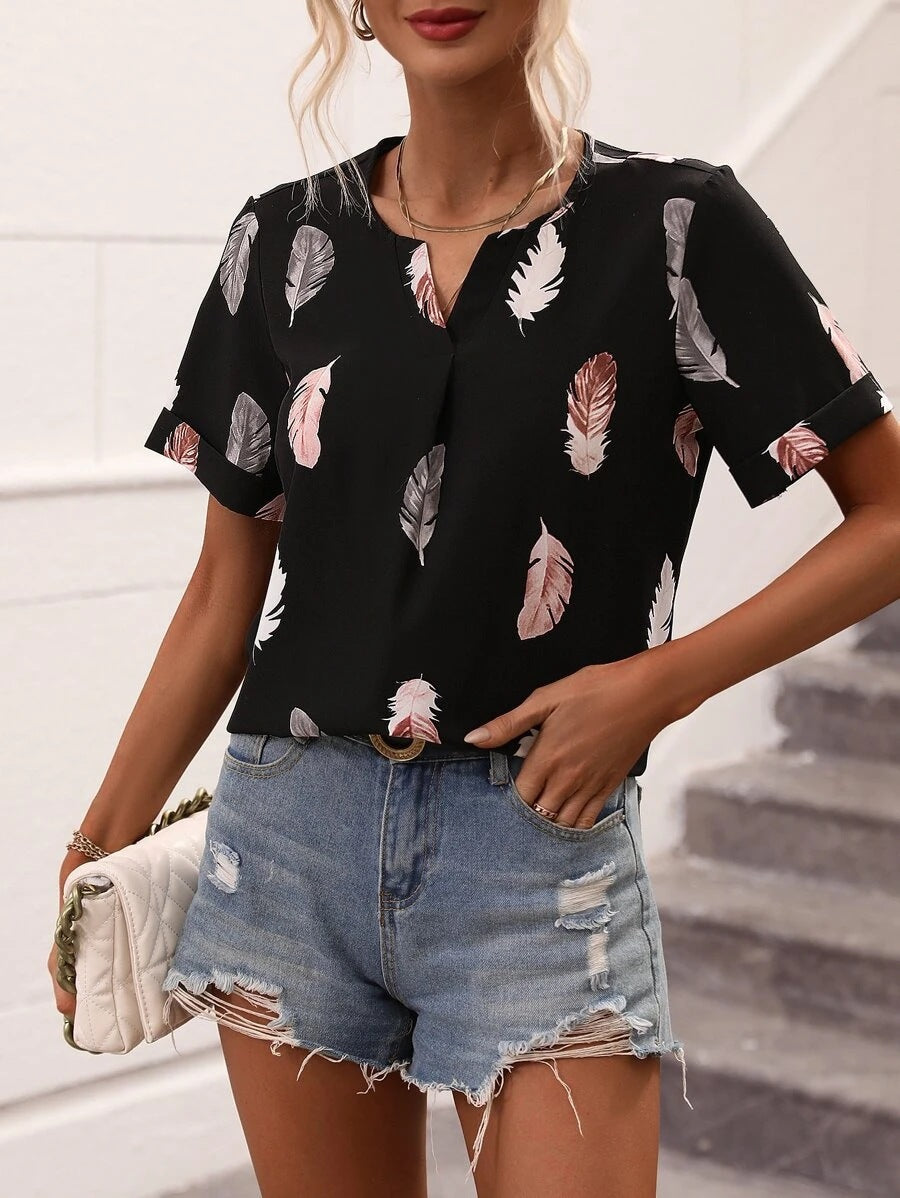 Damen Trendy Bluse mit Blattmuster und lässigem Schnitt EB