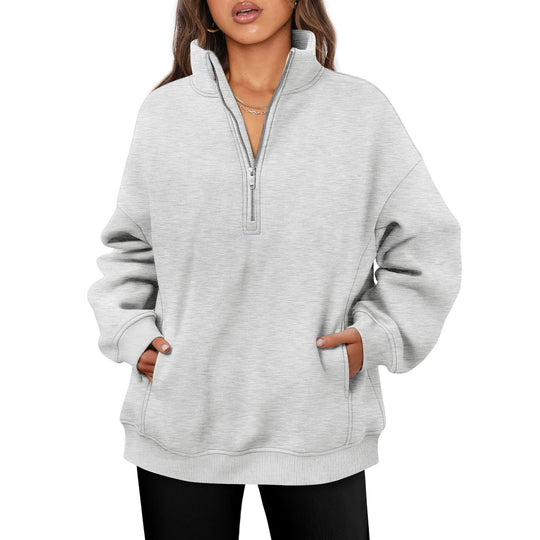 Damen nan oversized Halbzip-Pullover mit Stehkragen, Kängurutasche und Rippbündchen EB