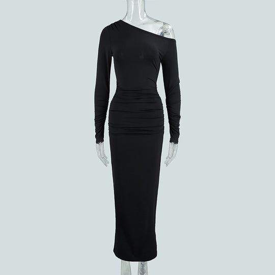 Damen elegantes One-Shoulder Maxikleid mit figurschmeichelnder Raffung EB
