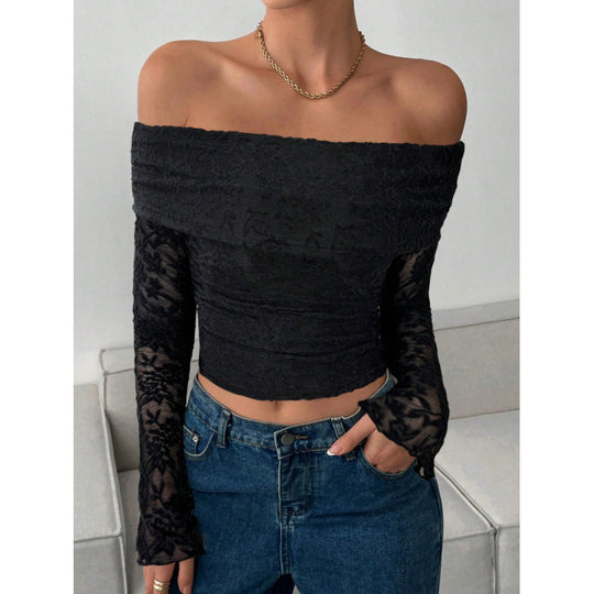 Damen Elegantes Off-Shoulder Oberteil mit Rüschendetails EB