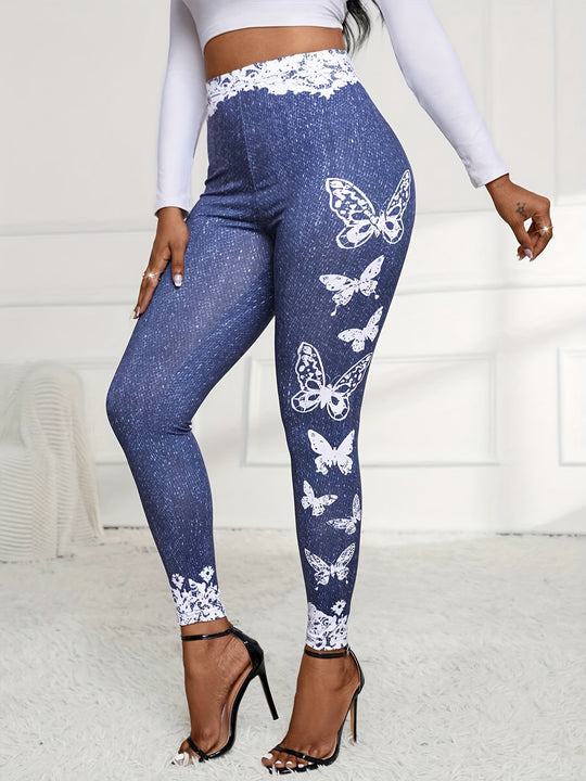 Damen Leggings mit floralem Spitzenbund und schmetterlingsmotiv EB
