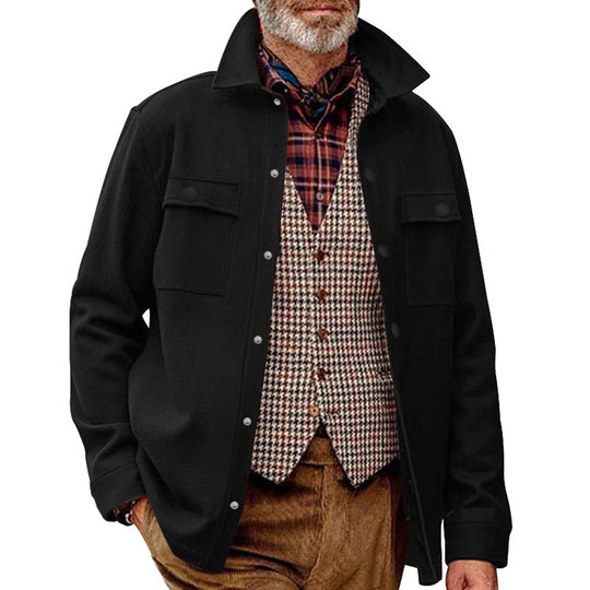 Herren Fleece-Hemdjacke mit zwei Brusttaschen und modischem Stehkragen EB