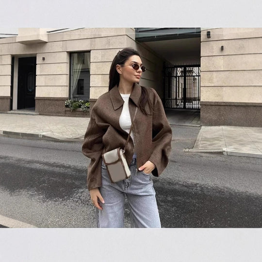 Damen lässige Fleecejacke mit hohem Kragen und praktischen Taschen EB