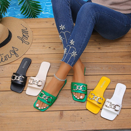 Damen Modische Riemenslipper mit dekorativem Ketten-Detail EB