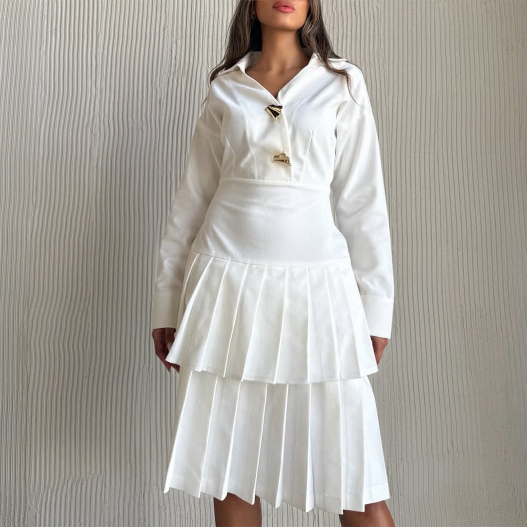 Damen Hemdblusenkleid mit Plissee-Saum und modischen Knopfdetails EB