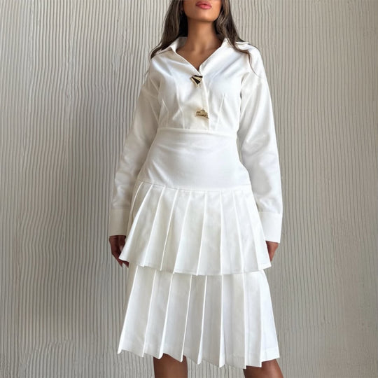 Damen Hemdblusenkleid mit Plissee-Saum und modischen Knopfdetails EB