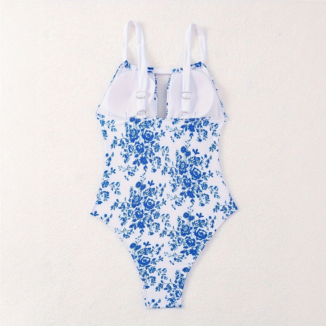 Damen Einteiliger Badeanzug mit floralem Design und tiefem V-Ausschnitt EB