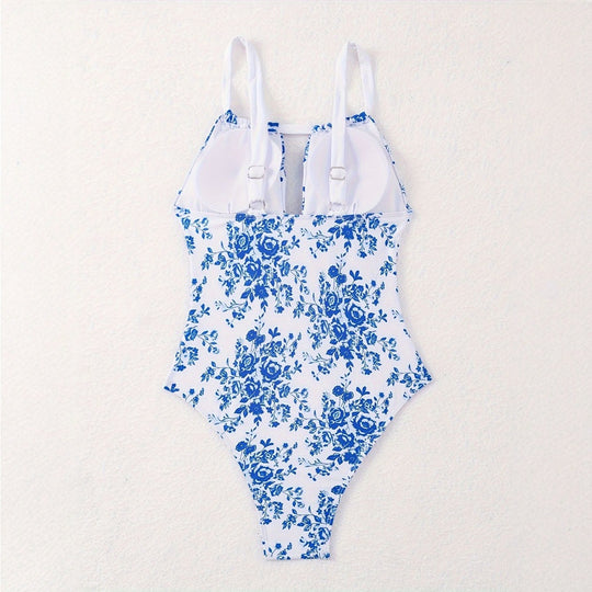 Damen Einteiliger Badeanzug mit floralem Design und tiefem V-Ausschnitt EB