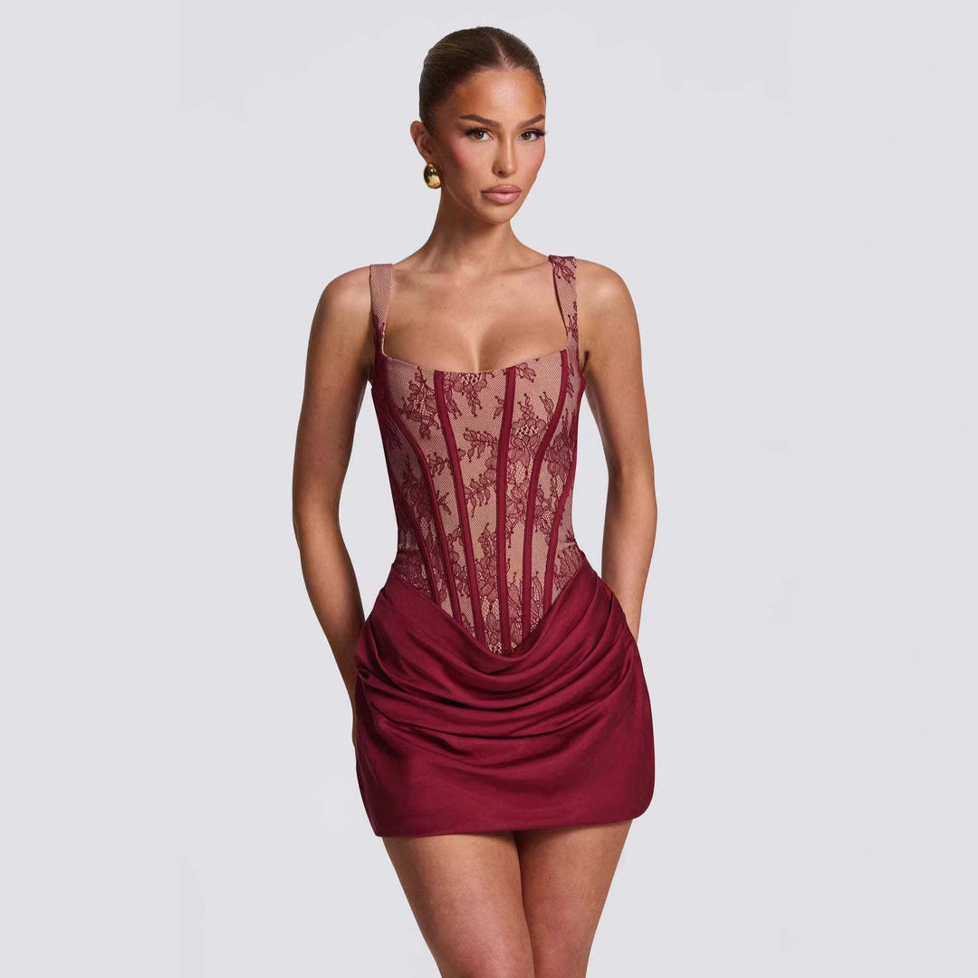 Damen Korsett-Kleid mit luxuriösen Spitzenakzenten und drapiertem Rock EB