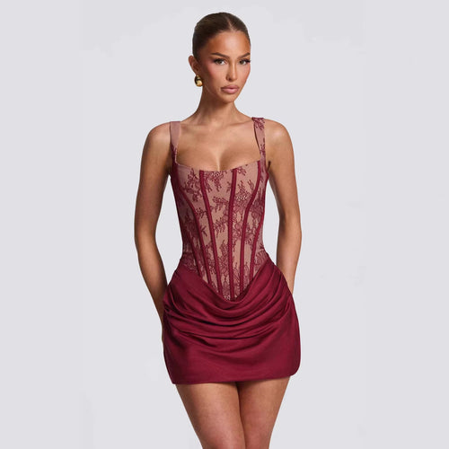 Damen Korsett-Kleid mit luxuriösen Spitzenakzenten und drapiertem Rock EB