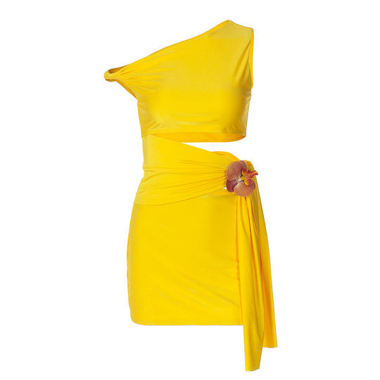 Damen Figurbetontes Wickelkleid mit asymmetrischem Schnitt und Blumenapplikation EB