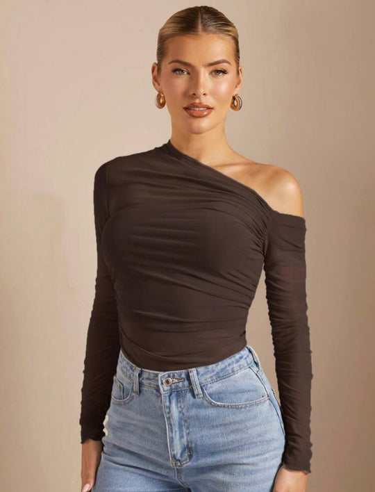 Damen Asymmetrischer Body mit Raffungen und langen Ärmeln EB
