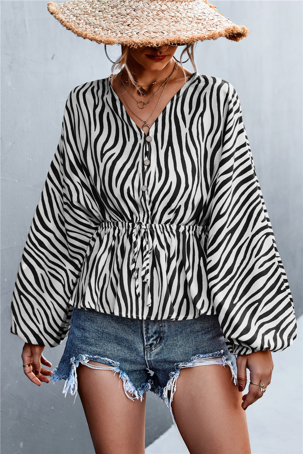 Damen Oversize Bluse mit Zebra-Print und taillierter Raffung EB