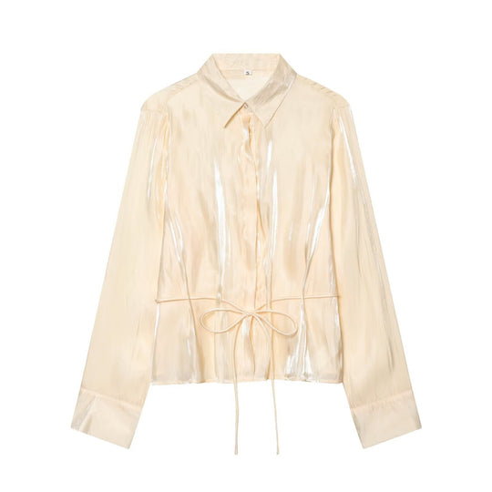 Damen schimmernde Bluse mit verstellbarem Taillenzug und elegantem Kragen EB