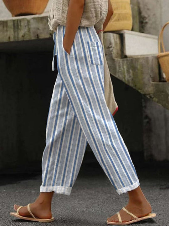 Damen Weite Leinenhose mit handgewebtem Muster EB