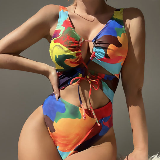 Damen Einteiler Badeanzug mit buntem Cut-Out-Design EB