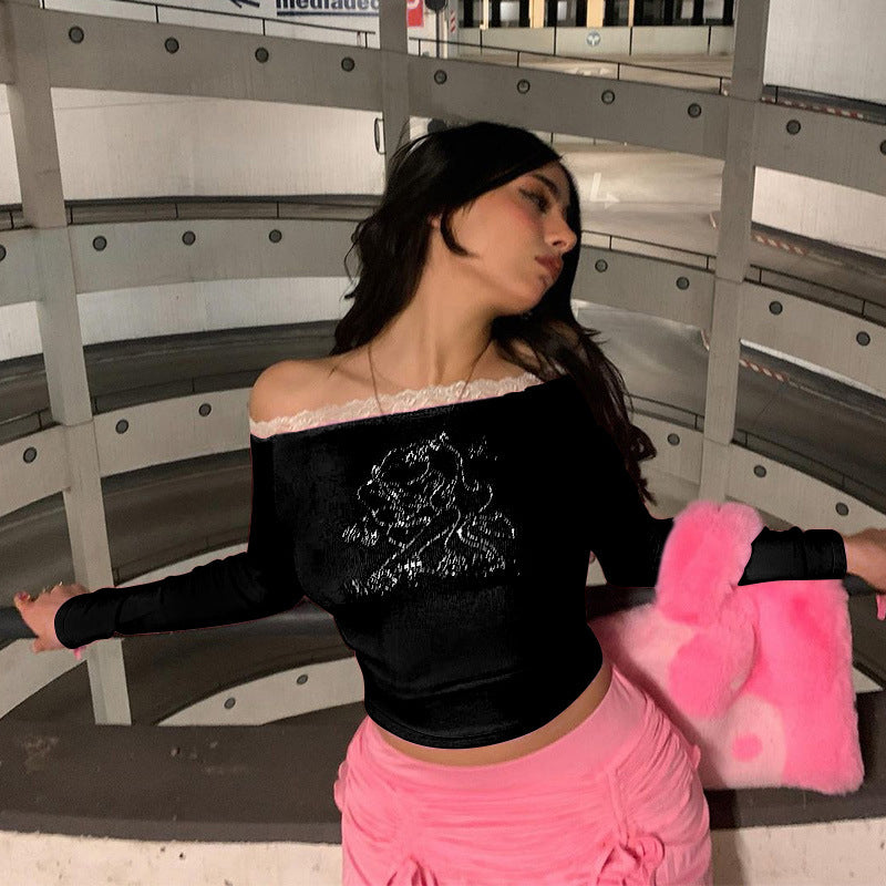 Damen Oberteil mit Off-Shoulder Design und romantischem Spitzenbesatz EB