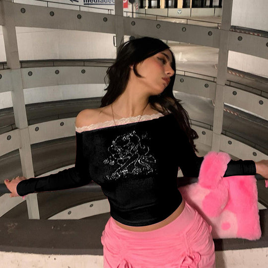 Damen Oberteil mit Off-Shoulder Design und romantischem Spitzenbesatz EB