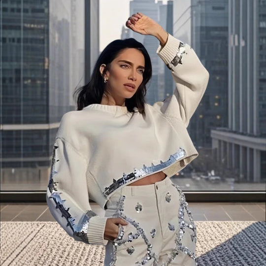 Damen modischer cropped Pullover mit Pailletten EB