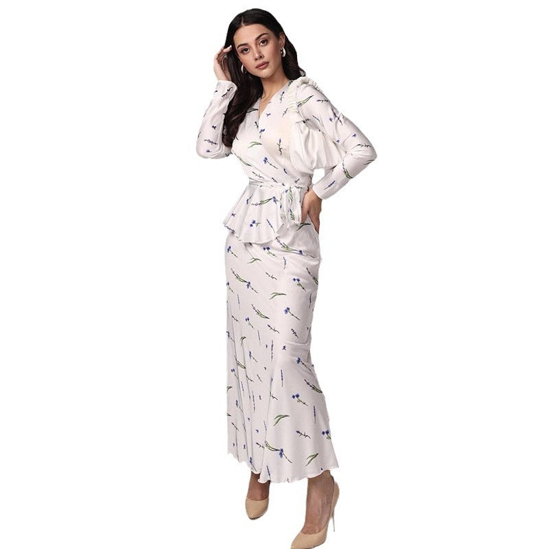 Damen elegantes Maxi-Kleid mit tiefem V-Ausschnitt und tailliertem Design EB