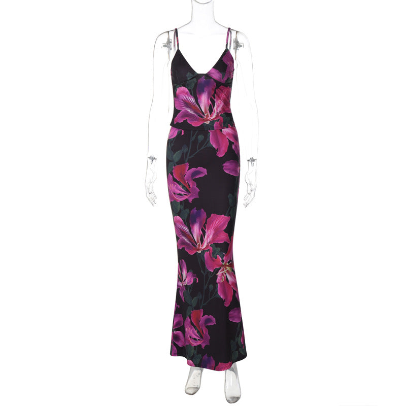 Damen Elegantes Maxikleid mit floralem Muster und Spaghetti-Trägern EB