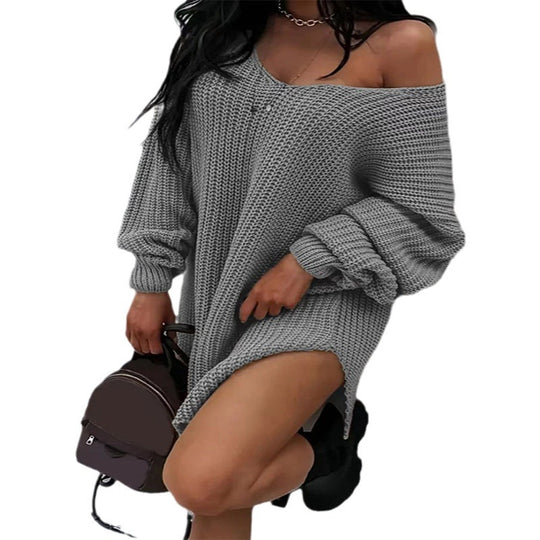 Damen lässiges Oversized-Strickkleid mit weitem Ausschnitt EB