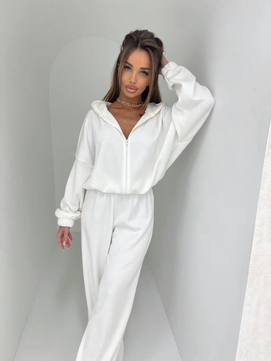 Damen eleganter Fleece-Jumpsuit mit hohem Kragen und durchgehendem Reißverschluss EB