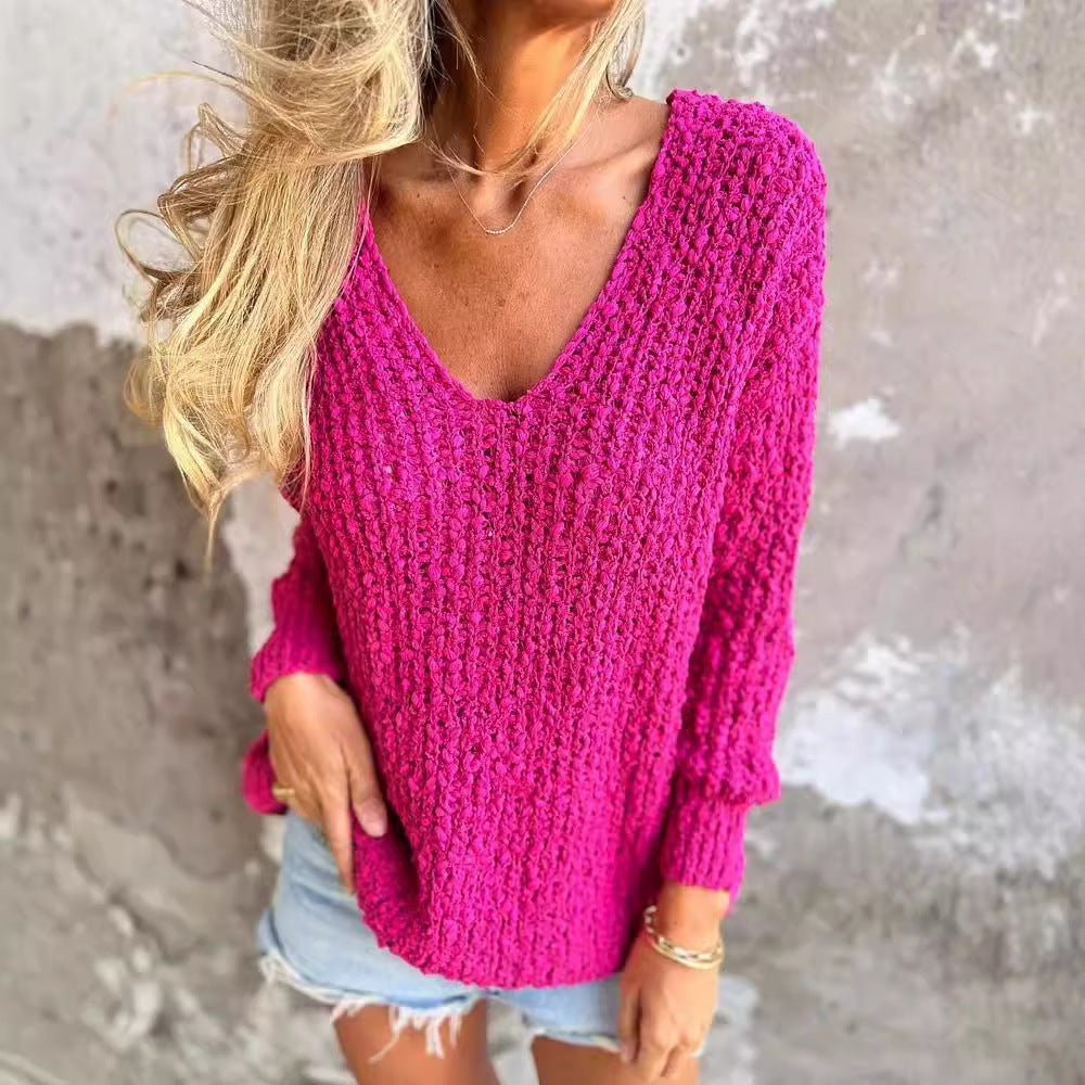 Damen Bequemes V-Ausschnitt Sweatshirt mit Struktur und langen Ärmeln EB