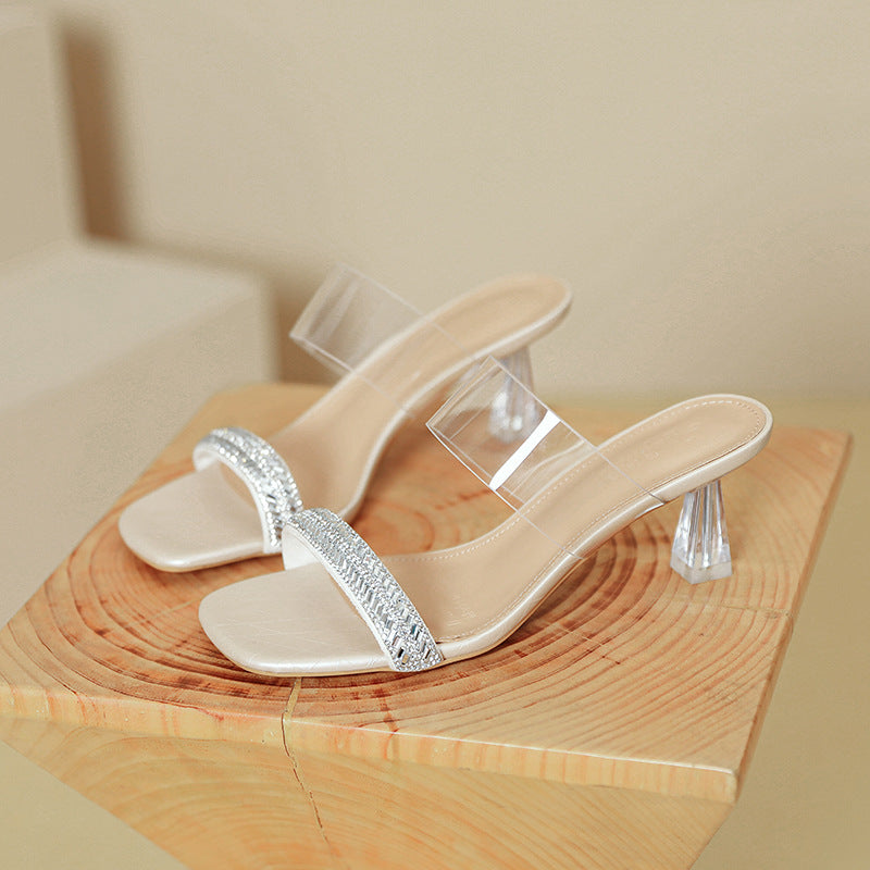 Damen transparente Sandalen mit glitzerndem Riemen und stylish transparentem Absatz EB