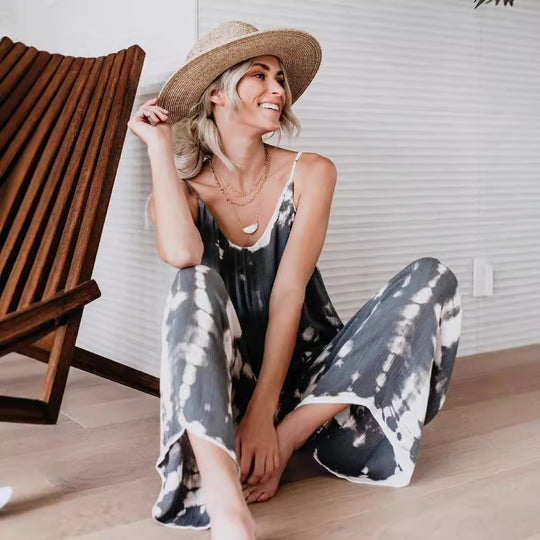 Damen Lässiger Maxijumpsuit aus leichtem Stoff mit Tie-Dye-Muster EB