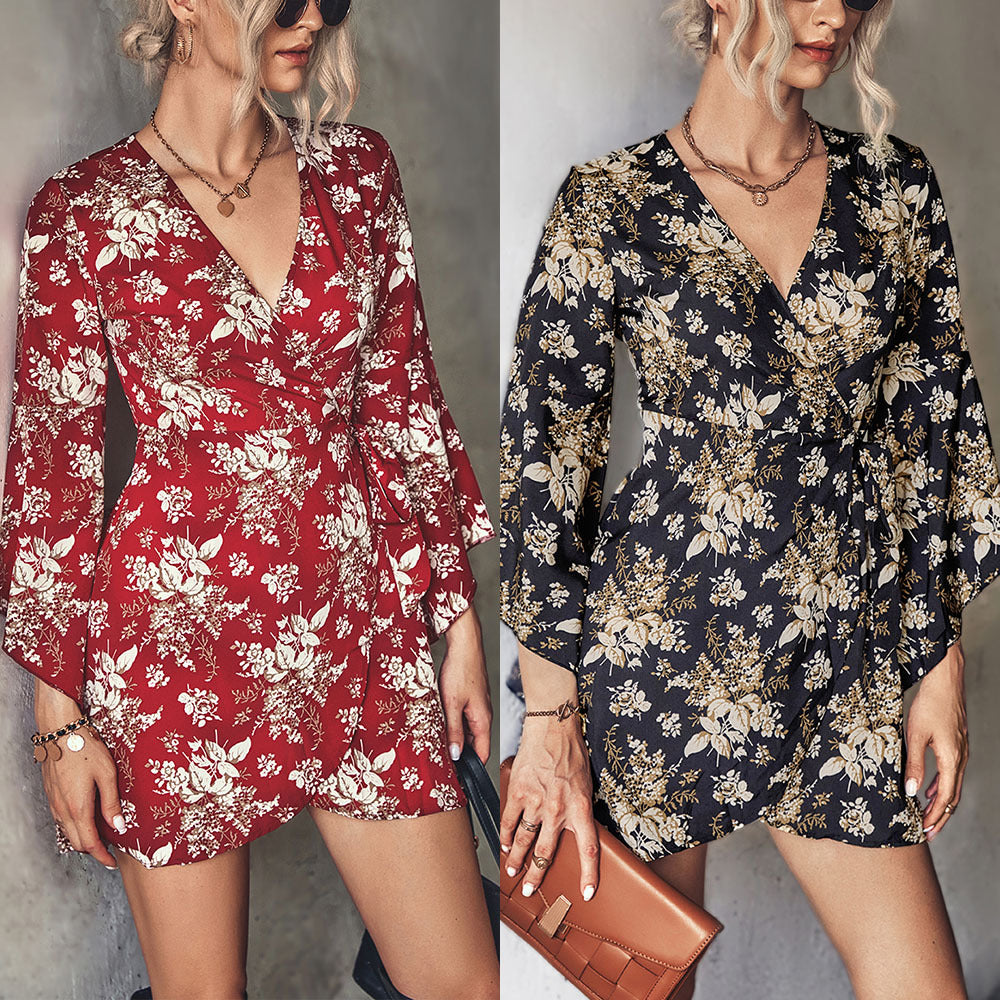 Damen Wickelkleid mit voluminösen Ärmeln und floralem Print EB