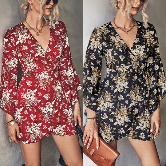Damen Wickelkleid mit voluminösen Ärmeln und floralem Print EB