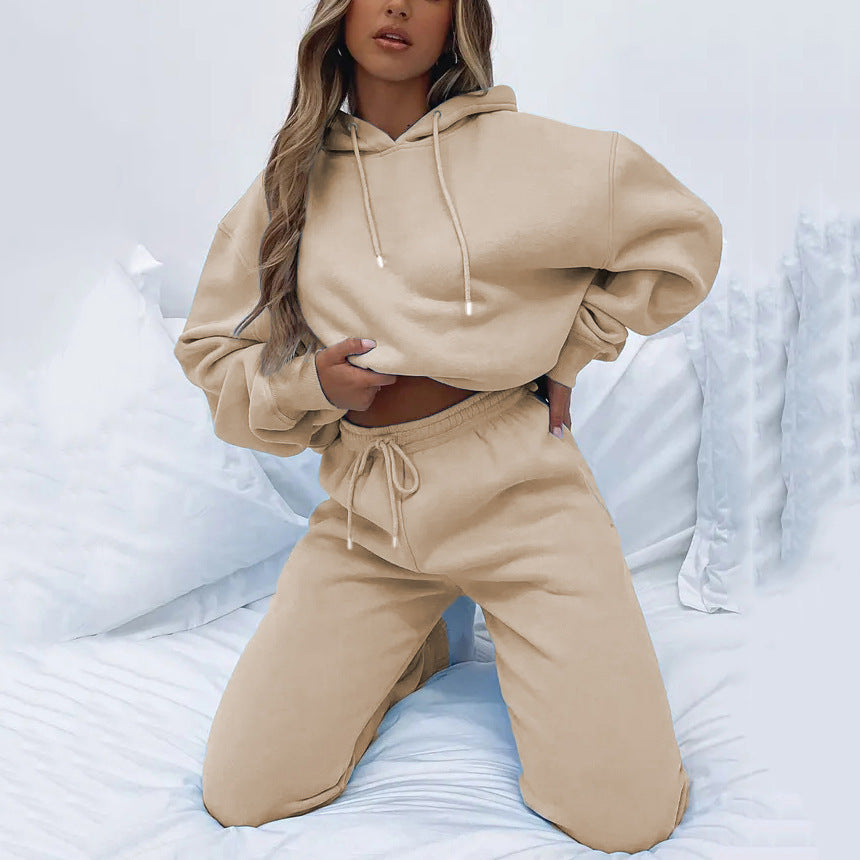 Damen nan Cropped Kapuzenjacke und High-Waist Jogginghose Set aus French Terry mit elastischem Bund EB