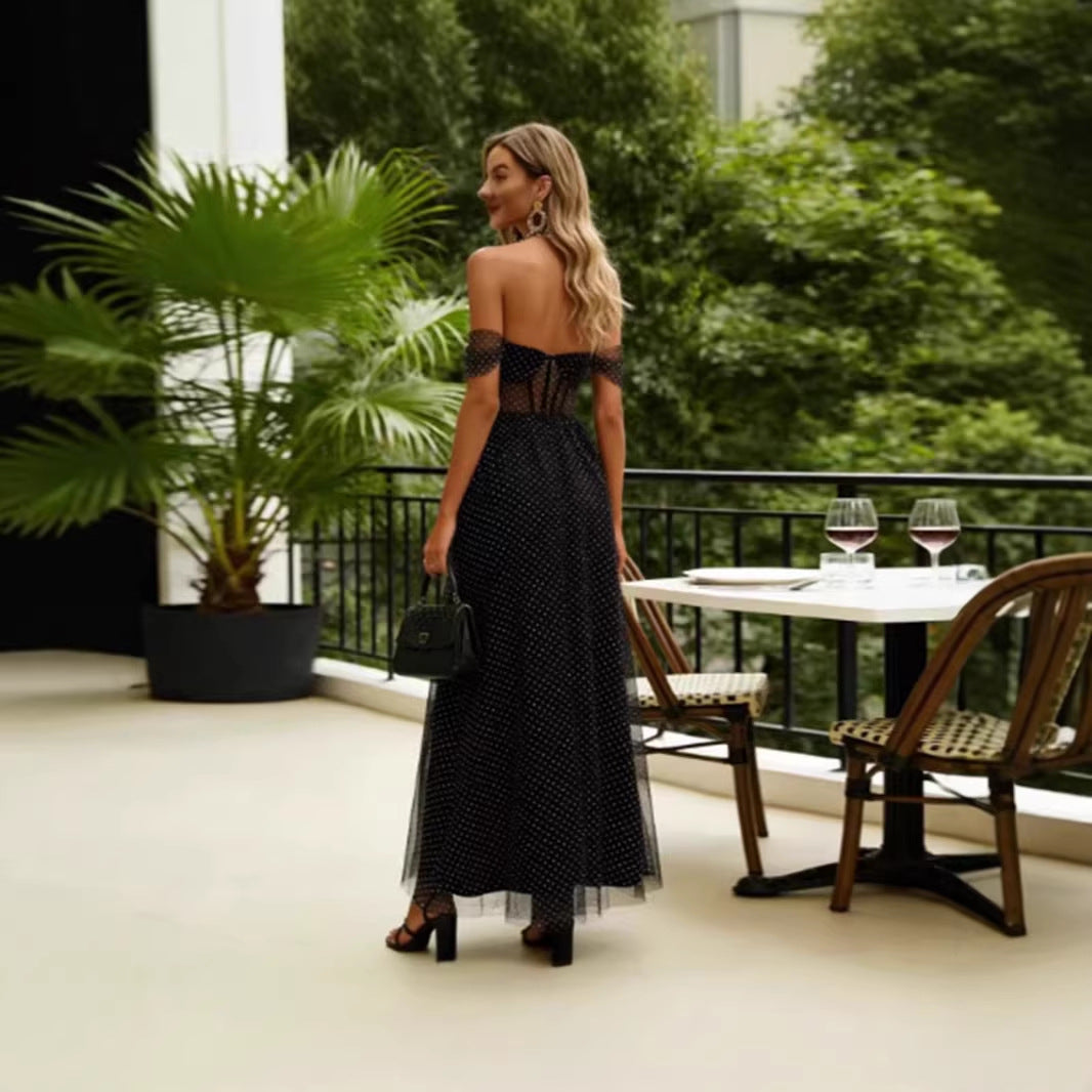 Damen Elegant schulterfreies Maxikleid mit transparenten Einsätzen und Pünktchenmuster EB