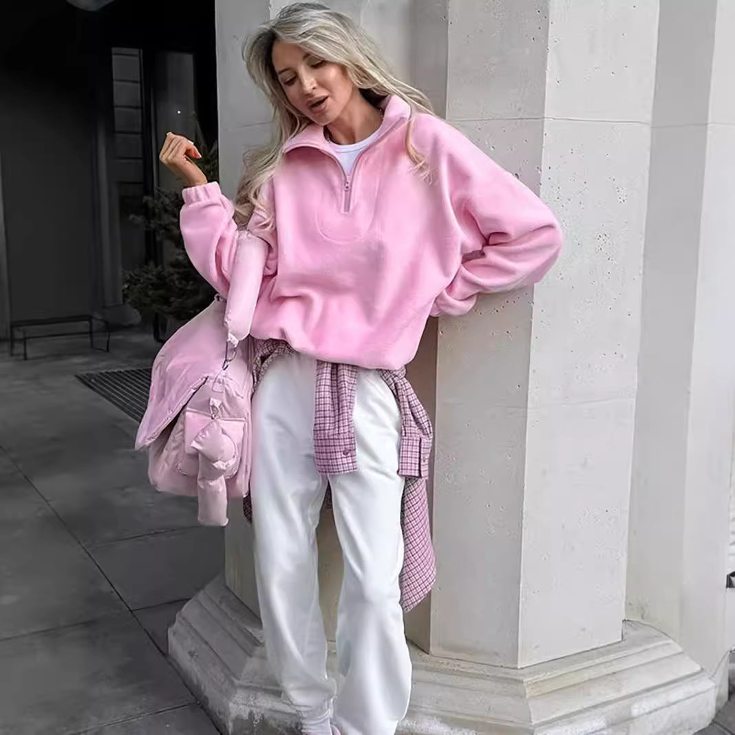 Damen Kuscheliger Fleece-Pullover mit kurzem Reißverschluss EB