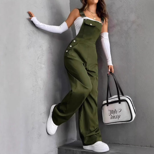 Damen nan weite Latzhose mit seitlichen Zierknöpfen, Brusttasche und weitem Bein EB