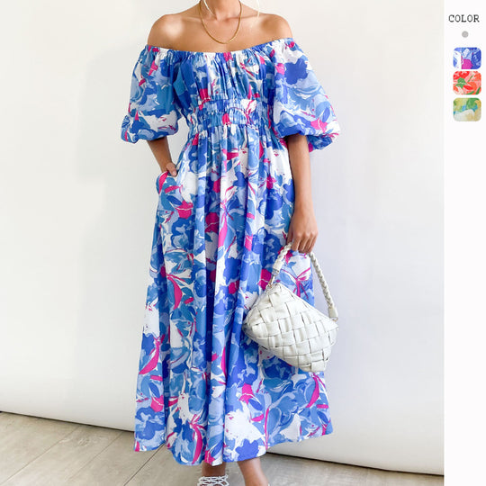 Damen Off-Shoulder Maxikleid mit floralen Mustern und elastischem Bund EB