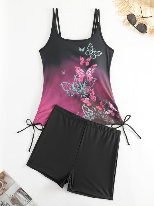 Damen Tankini mit Schmetterlingsmotiv und Badeshorts EB