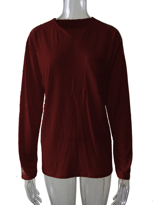 Damen nan legeres Langarmshirt mit V-Notch-Ausschnitt, Brusttasche und lockerer Oversize-Passform EB