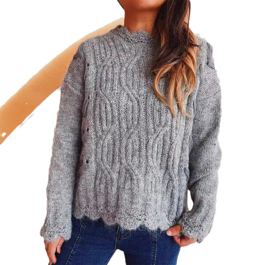 Damen Grobstrickpullover mit romantischem Wellenmuster und volumetrischen Ärmeln EB