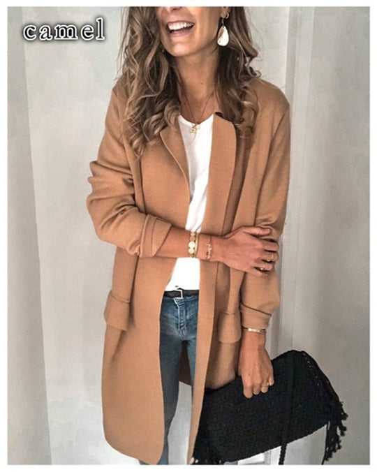 Damen stylische lange Jacke mit klassischem Revers EB