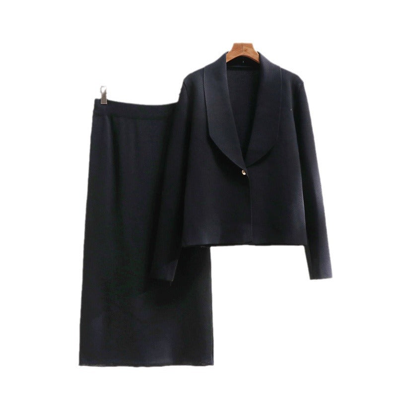 Damen elegantes Strickensemble mit Blazer und Midi-Rock EB
