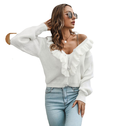 Damen Strickjacke mit Rüschendetails und Knopfverschluss EB