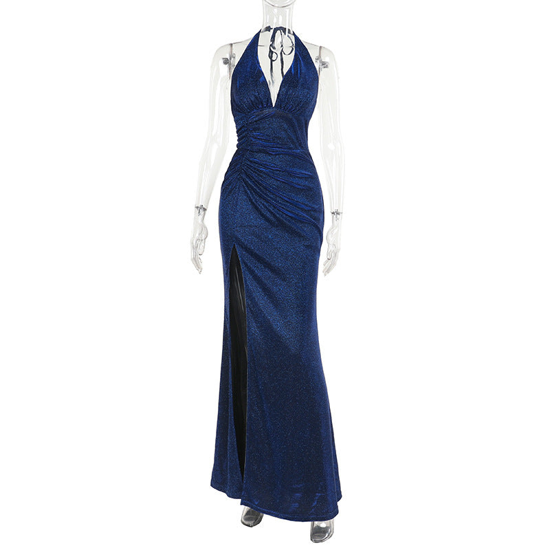 Damen Glamouröses Maxikleid mit tiefem V-Ausschnitt und raffiniertem Rüschendesign EB