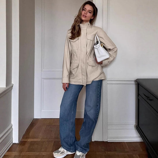Damen lässige Utility-Jacke mit hohem Kragen und praktischen Taschen EB