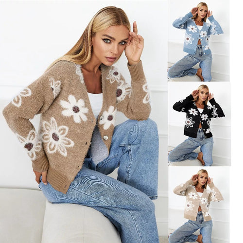 Damen Strickjacke mit floralen Mustern und eleganten Knopfdetails EB