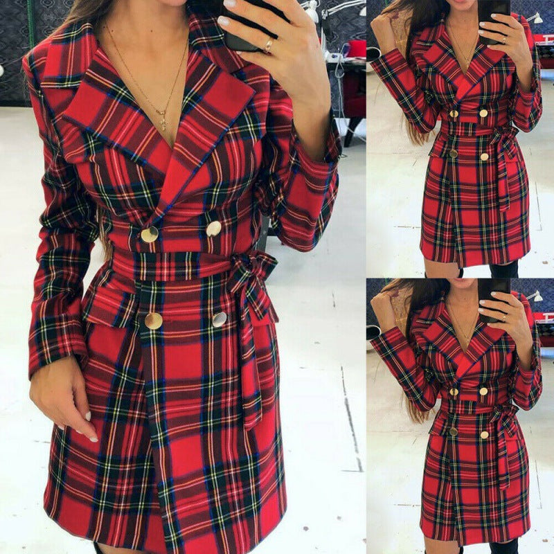 Damen Karierter Doppelreihiger Trenchcoat mit Taillengürtel EB