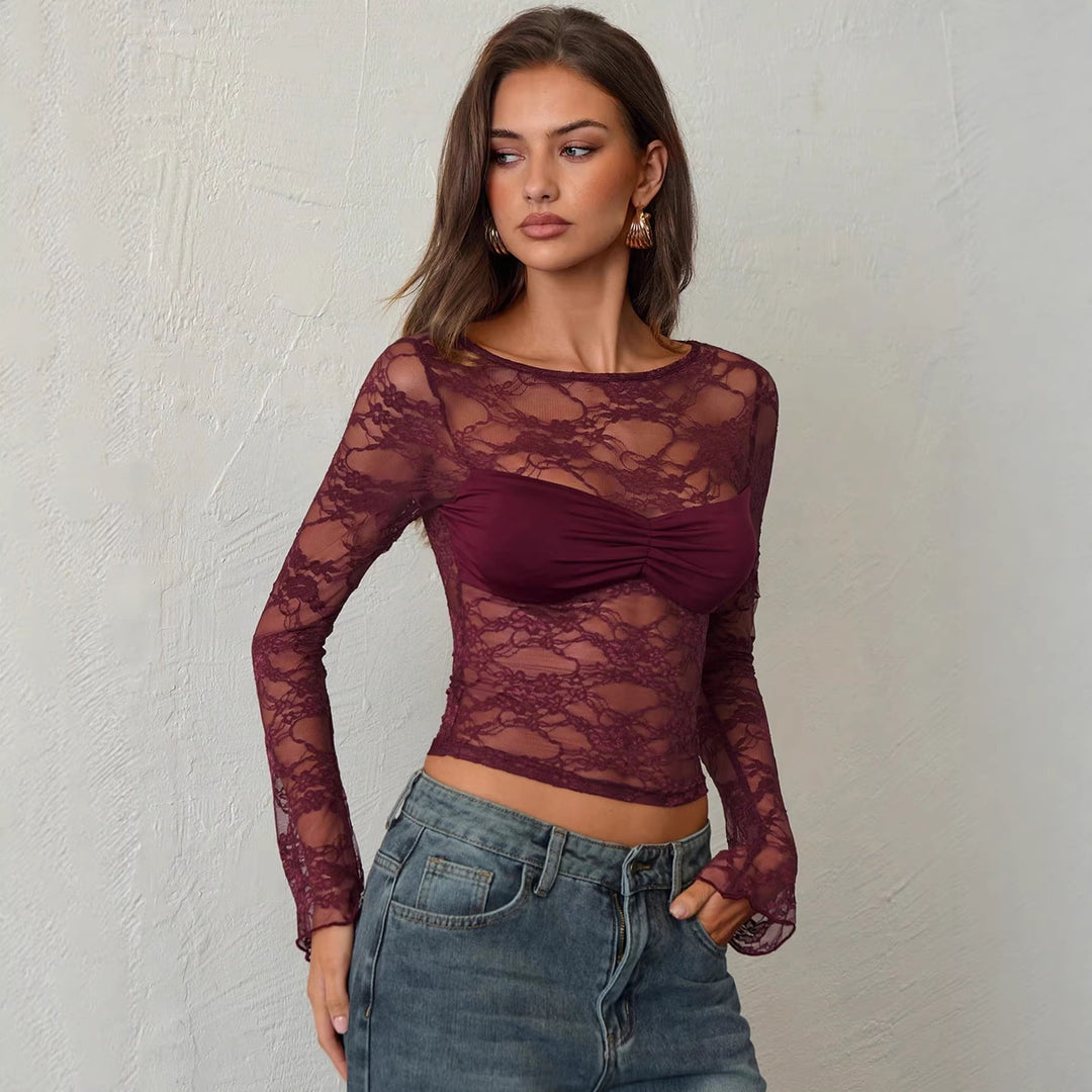 Damen nan tailliertes Spitzenoberteil mit integriertem Bustier und geraffter Brustpartie EB