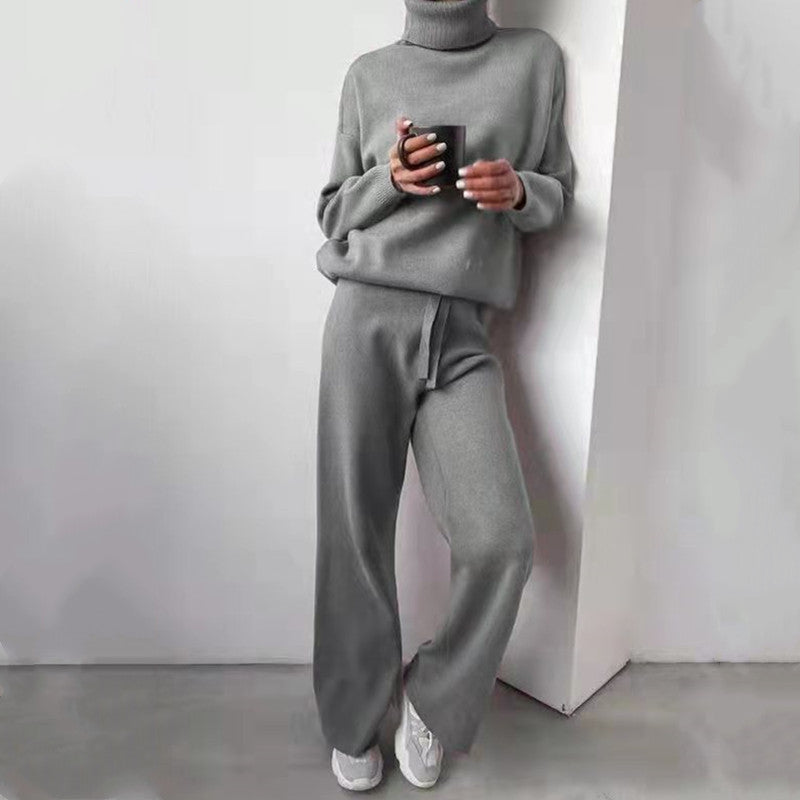 Damen elegantes Strick-Loungewear-Set mit hohem Kragen und weitem Bein EB